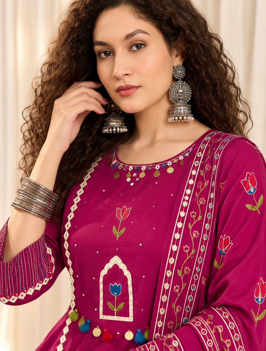 Women's Wine Printed Round Neck Kurta With Trousers & Dupatta Set