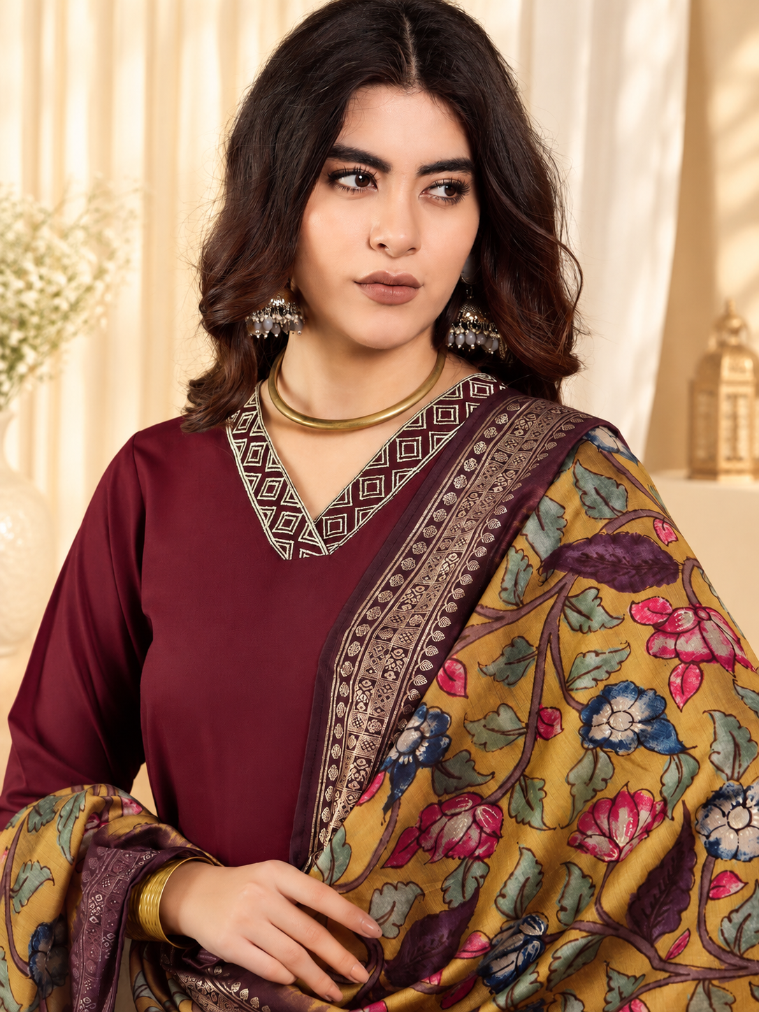 Embroidered Straight Kurta With Trouser & Dupatta Set