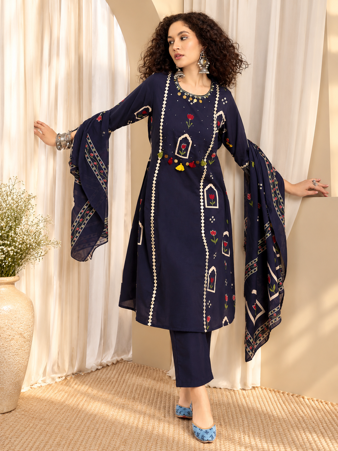 Women's Blue Printed Round Neck A-Line Pure Cotton Kurta With Trousers & Dupatta Set