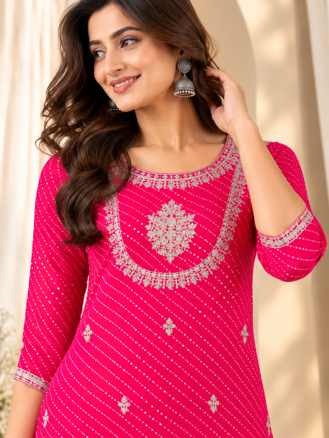Women Pink &amp; White Embroidered Straight Kurta