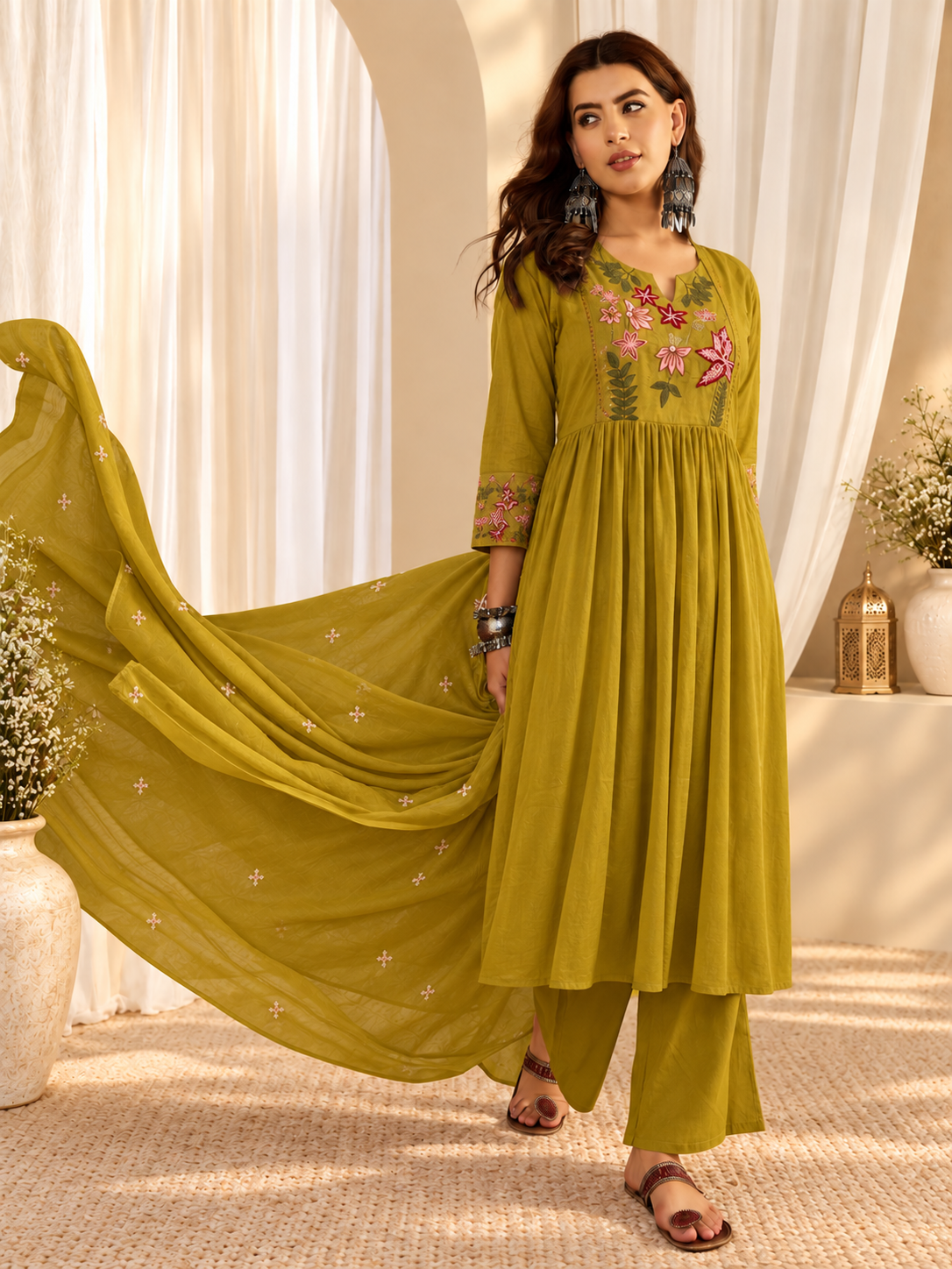 Women's Pure Cotton Floral Print Yellow Kurta & Pant With Dupatta Set