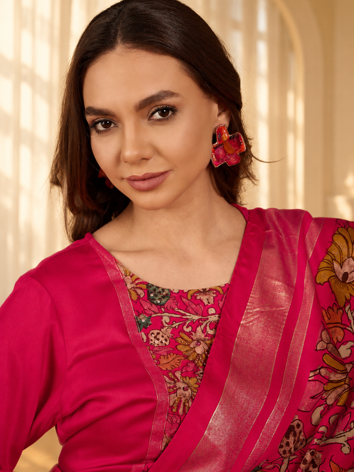 Floral Yoke Design Sequinned Straight Kurta &amp; Trousers With Dupatta