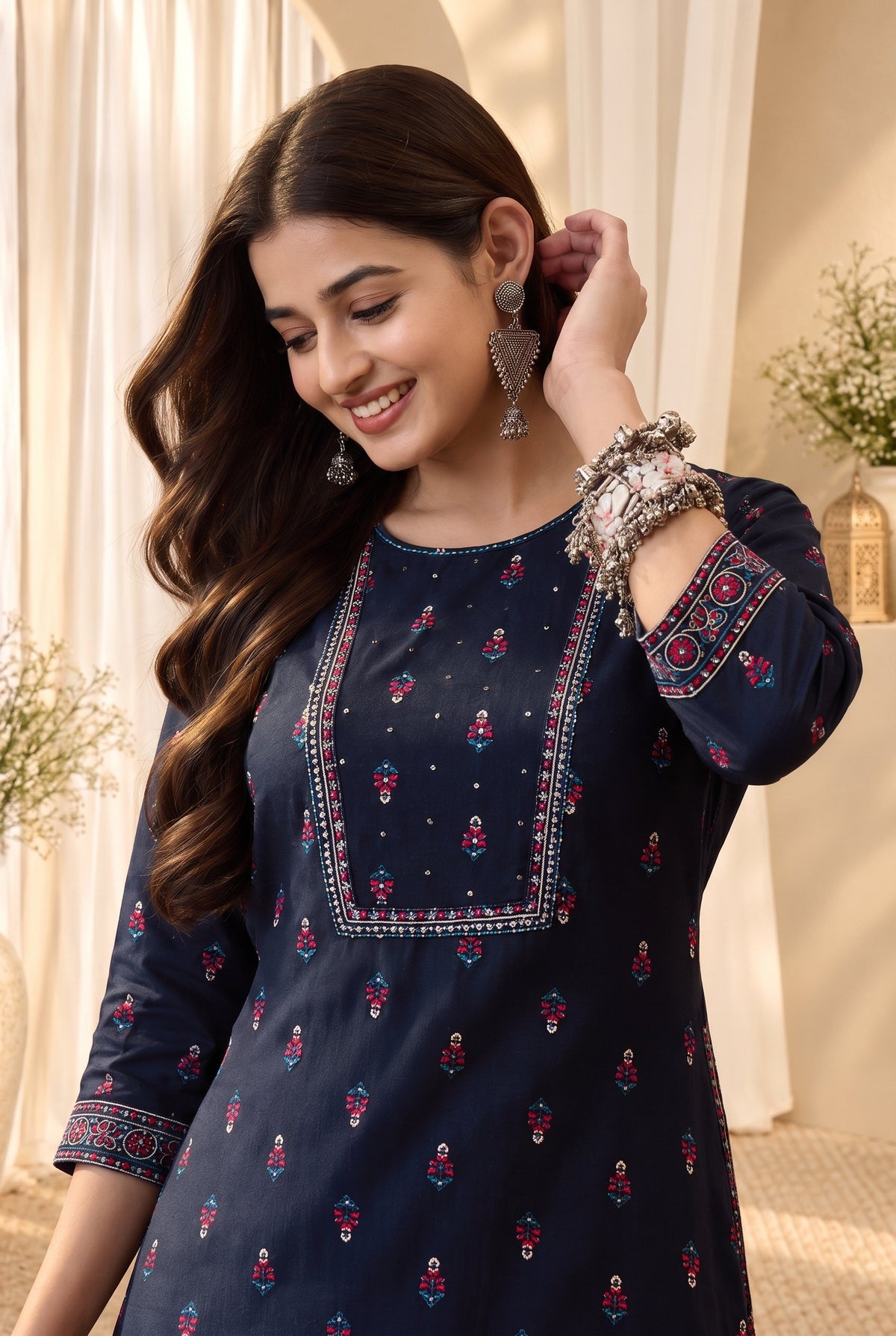 Women's Rayon Blue Printed Straight Kurta With Pant Set