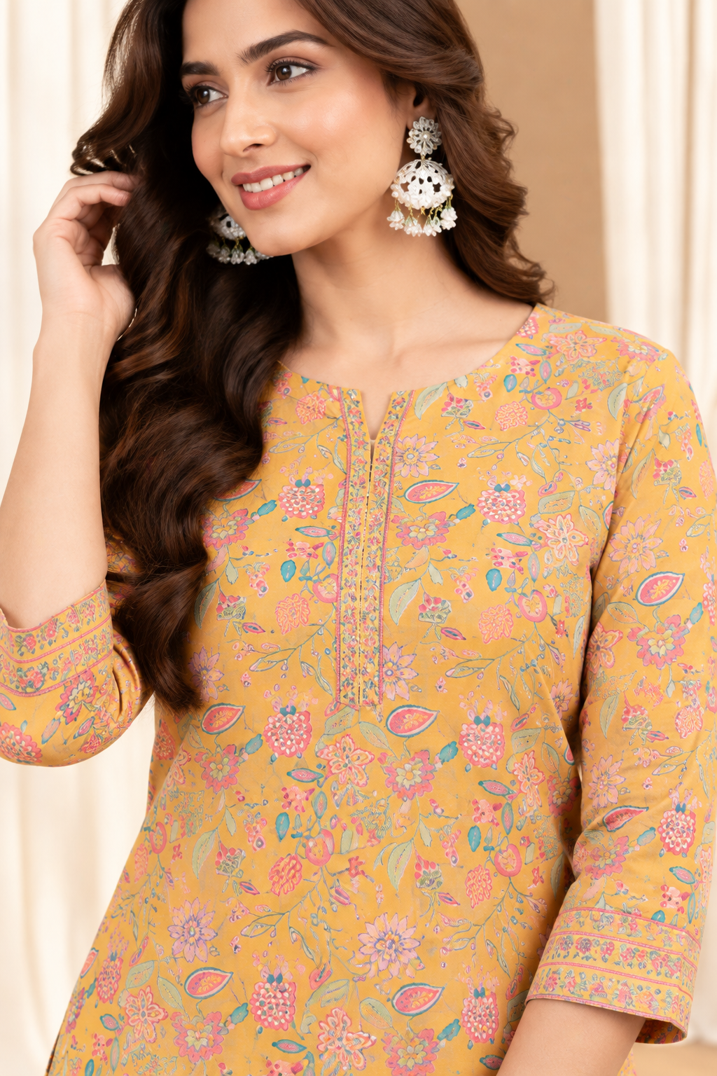 Women's Yellow & Pink Printed Straight Kurta With Pant Set
