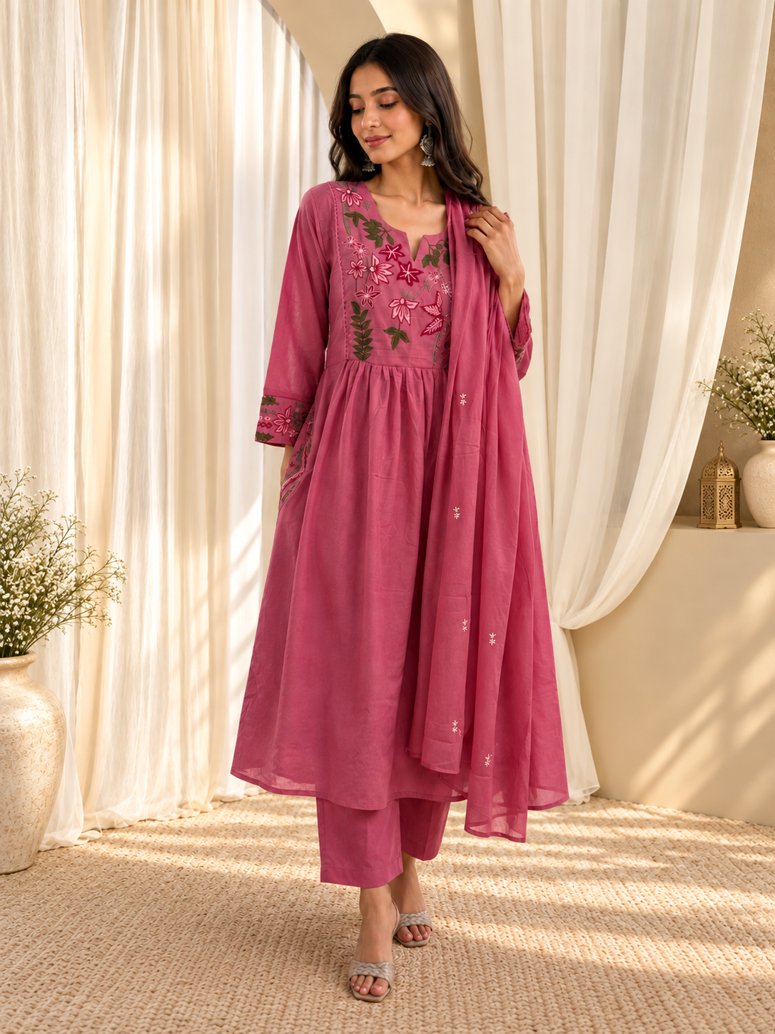 Women's Pure Cotton Floral Print Baby Pink Kurta & Pant With Dupatta Set
