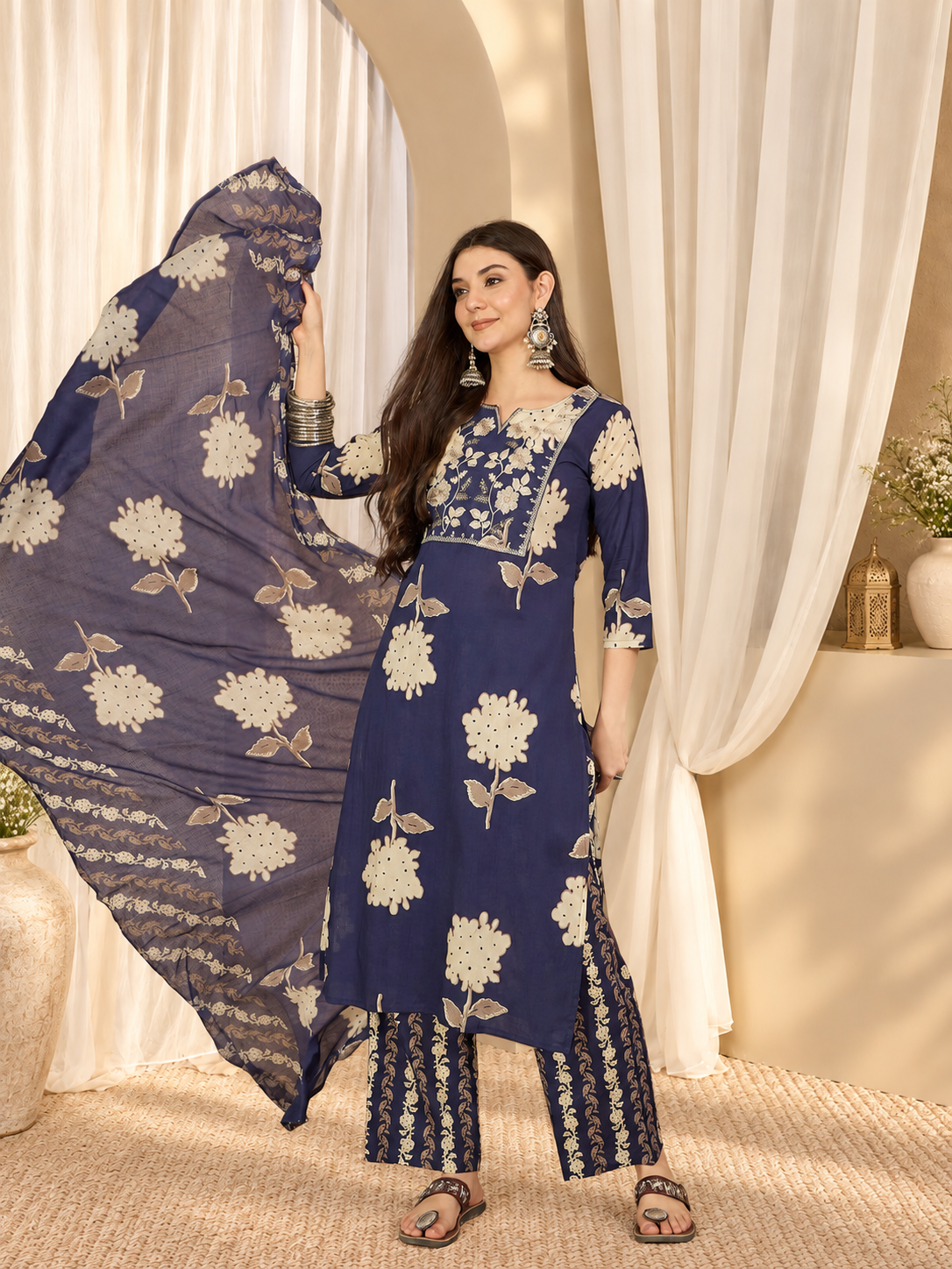 Women's Navy Blue Cotton Floral Print Kurta & Trousers With Dupatta Set