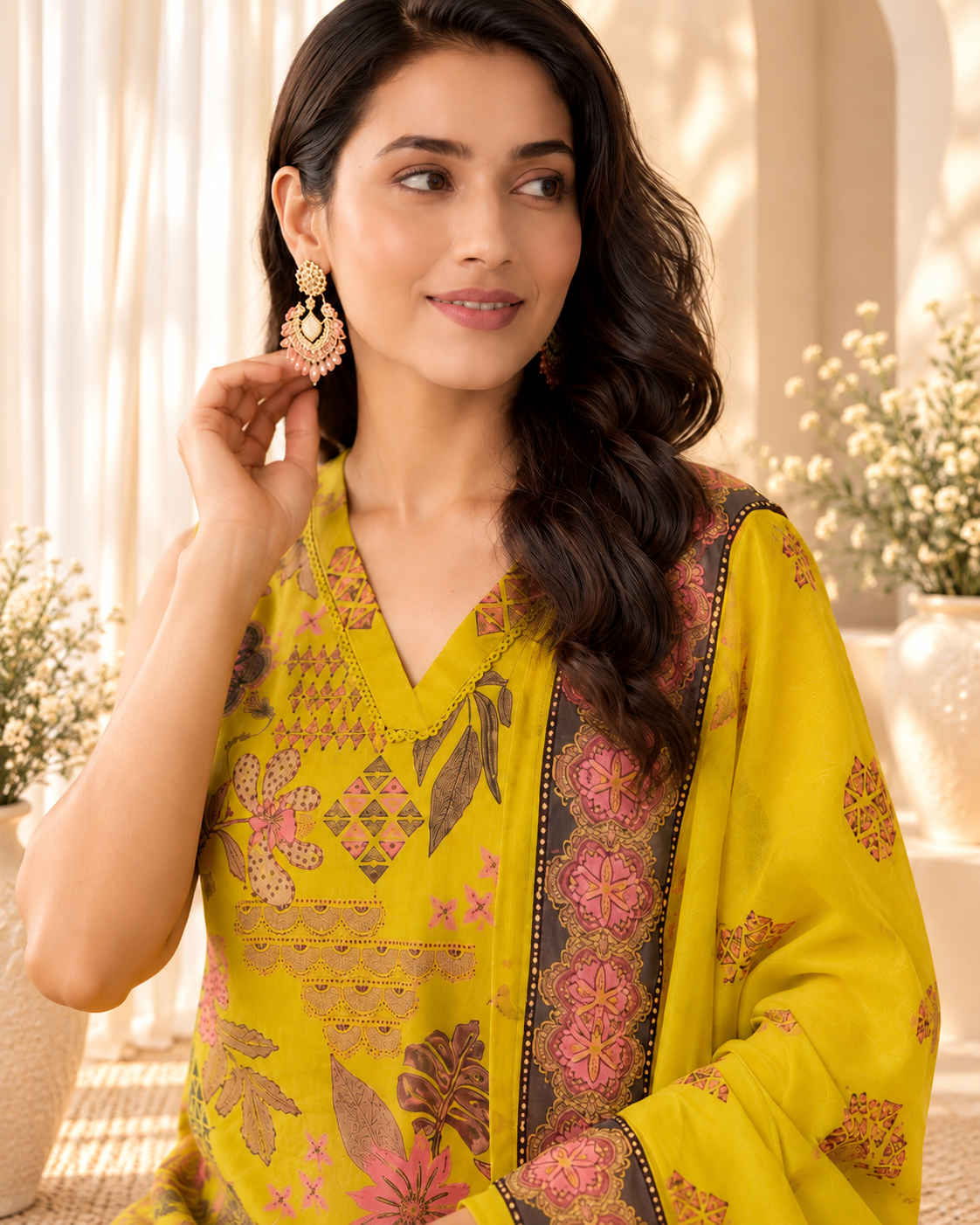 Women's Yellow Straight Cotton Kurta With Pant & Dupatta Set