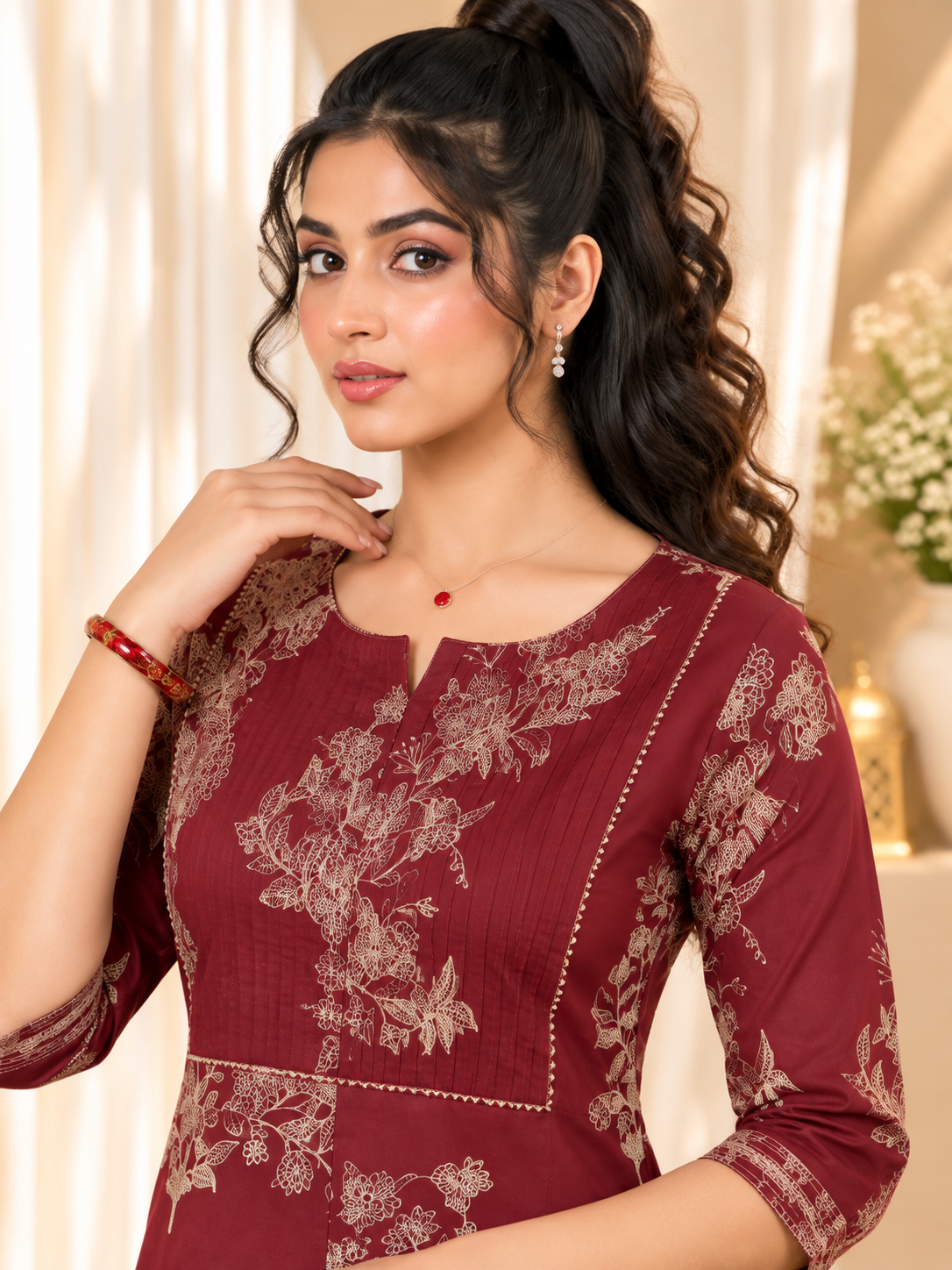 Women's Maroon & Gold Printed Straight Calf Length Kurta with Pant Set