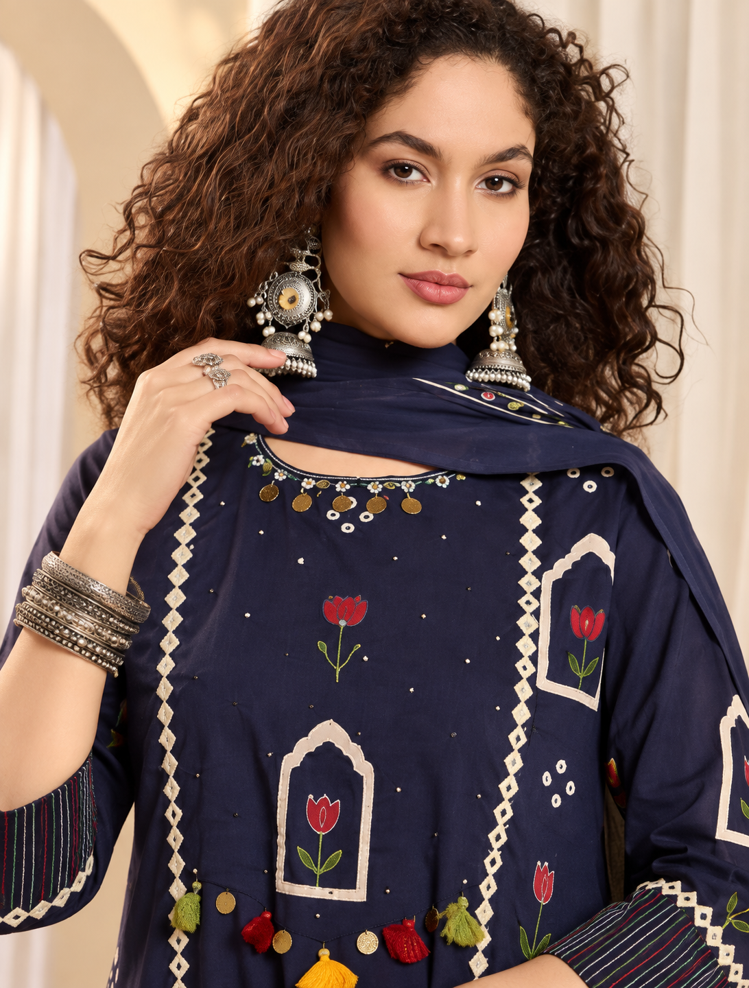 Women's Blue Printed Round Neck A-Line Pure Cotton Kurta With Trousers & Dupatta Set