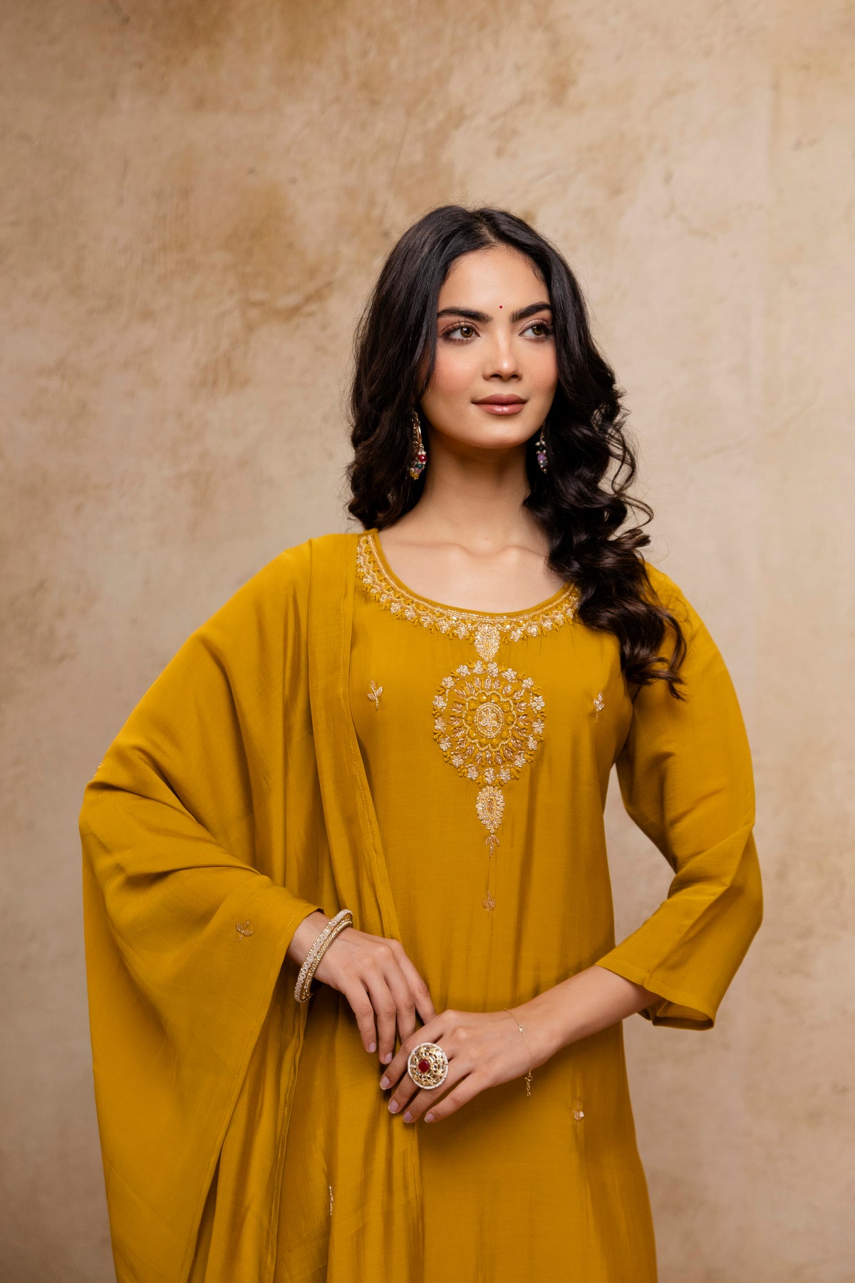 Women's Mustard Embroidered Straight Kurta & Trousers With Dupatta Set