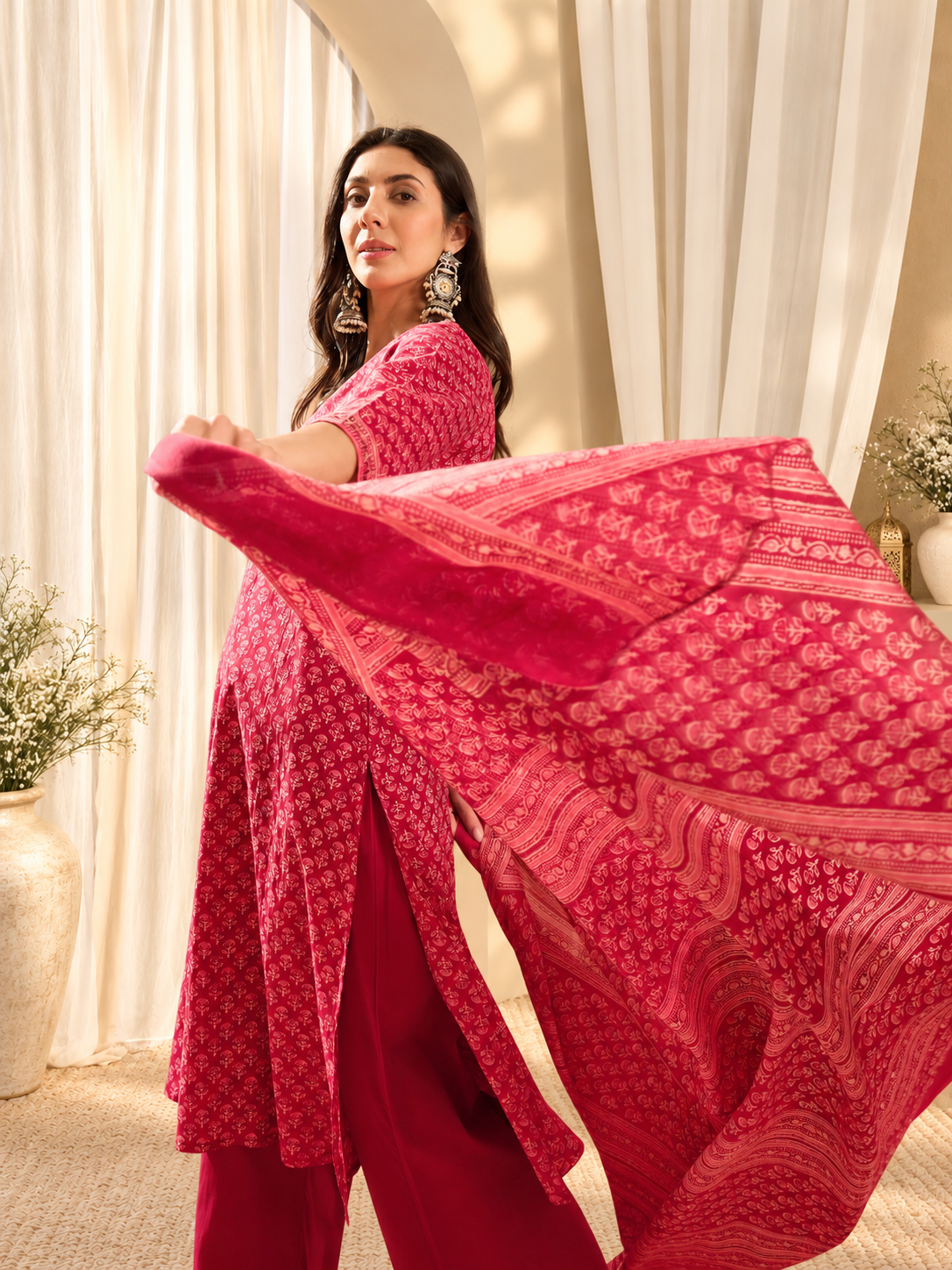 Women's Red Floral Print Straight Kurta With Trousers & Dupatta Set