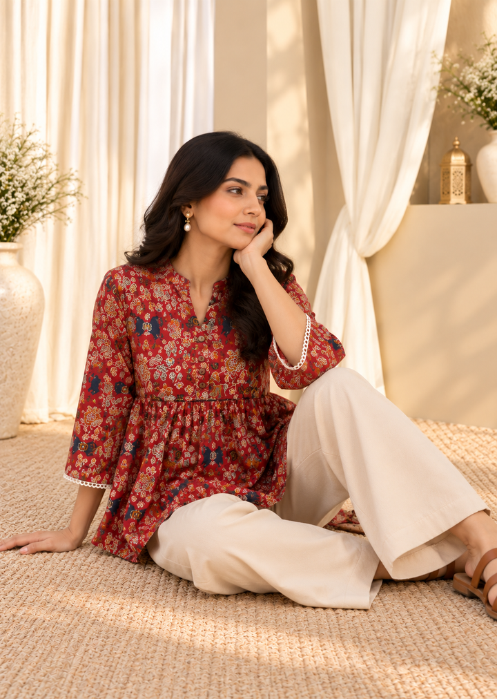 Red Floral Print Mandarin Collar Cotton Top