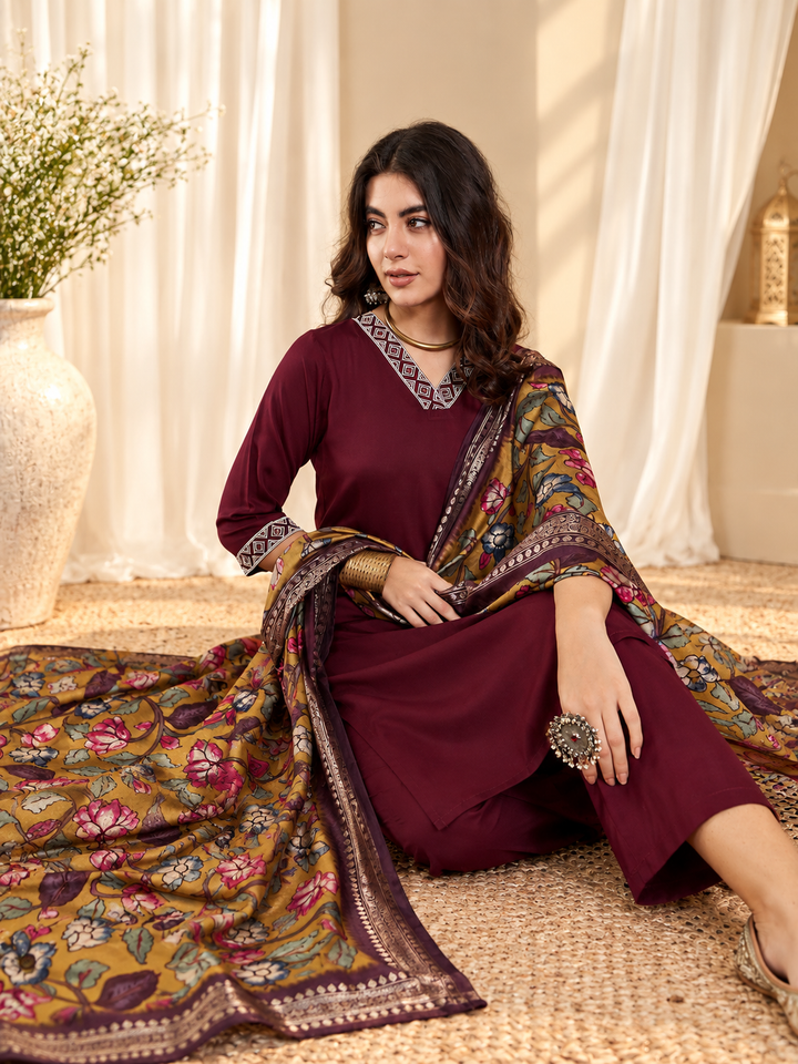 Embroidered Straight Kurta With Trouser &amp; Dupatta Set