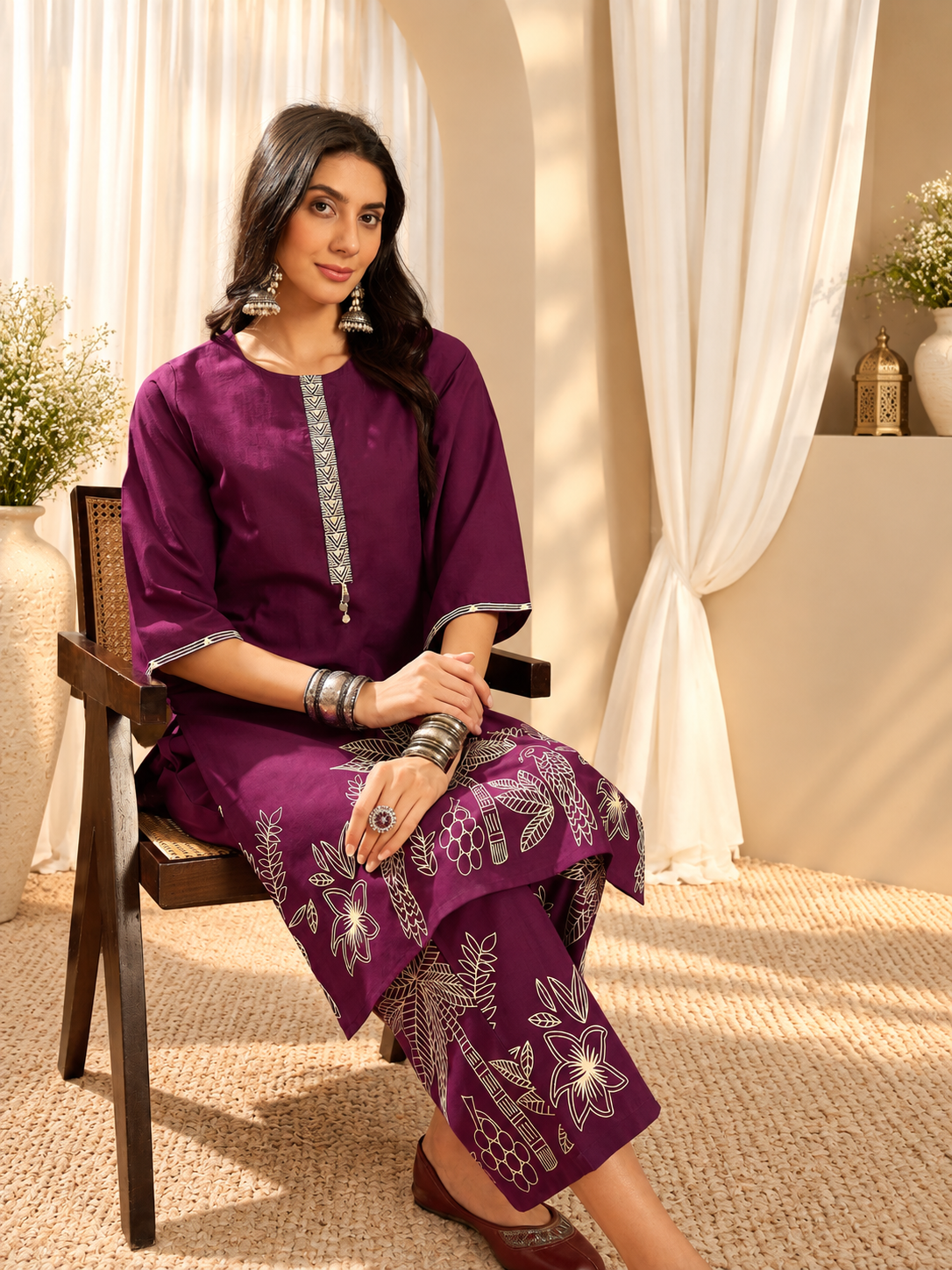 Women's Wine Cotton Floral Print Kurta With Trousers Set
