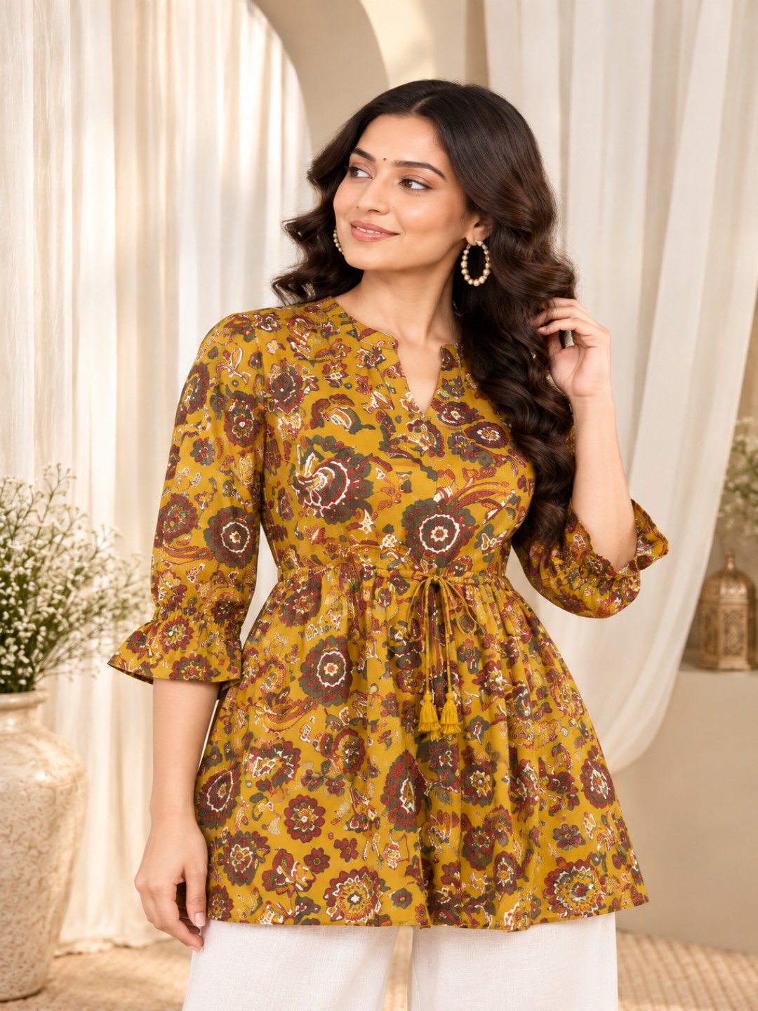 Floral Print Mandarin Collar Ethnic Cotton Peplum Top