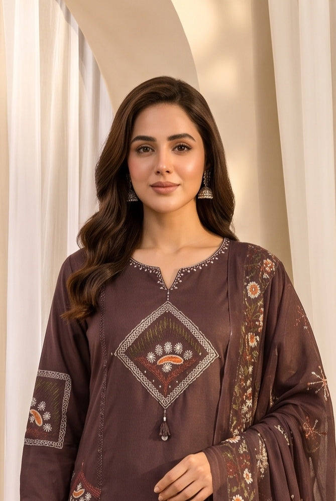 Women's Brown Mirror Work Straight Round Neck Kurta With Trousers & Dupatta Set
