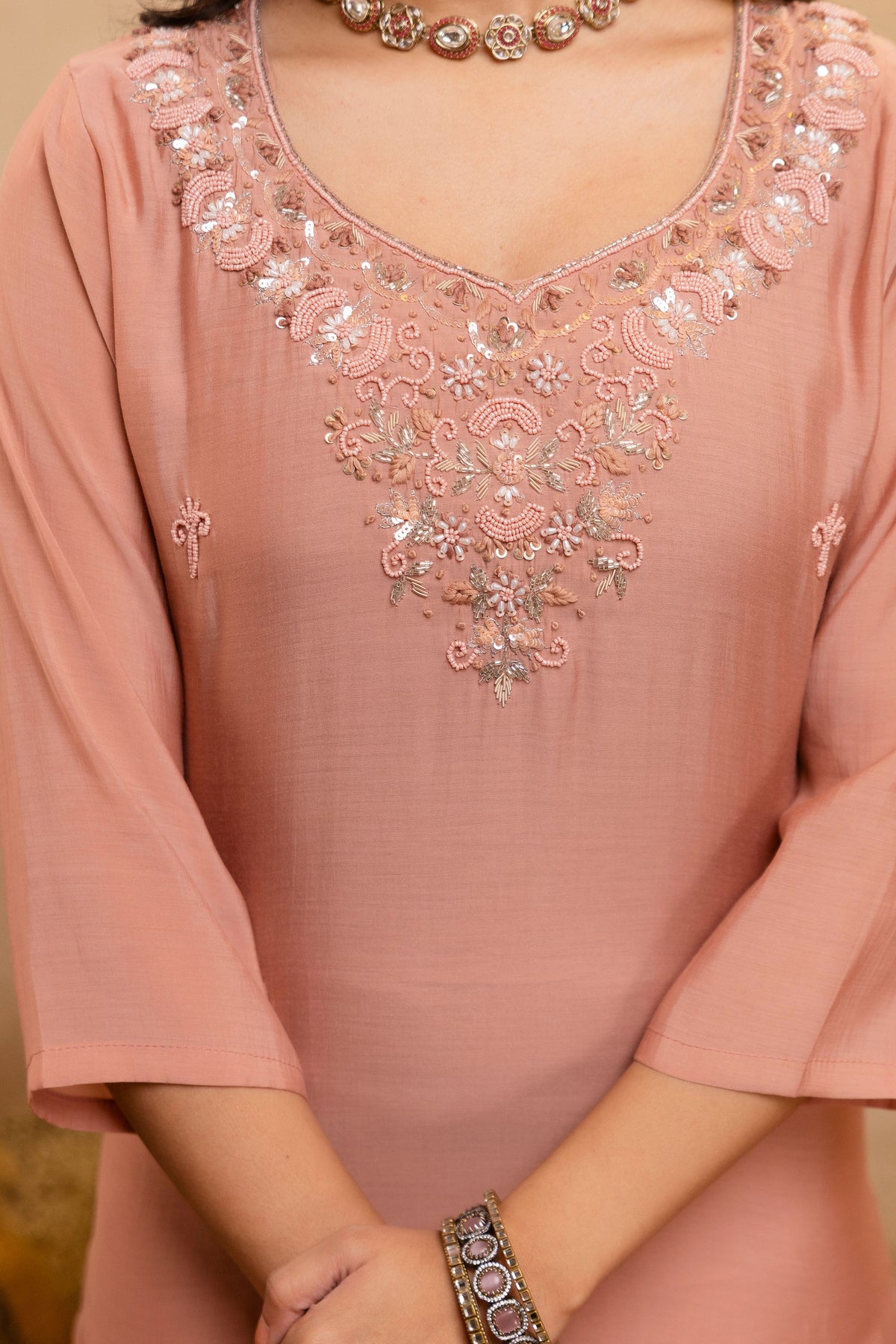 Women's Peach Embroidered Straight Kurta & Trousers With Dupatta Set