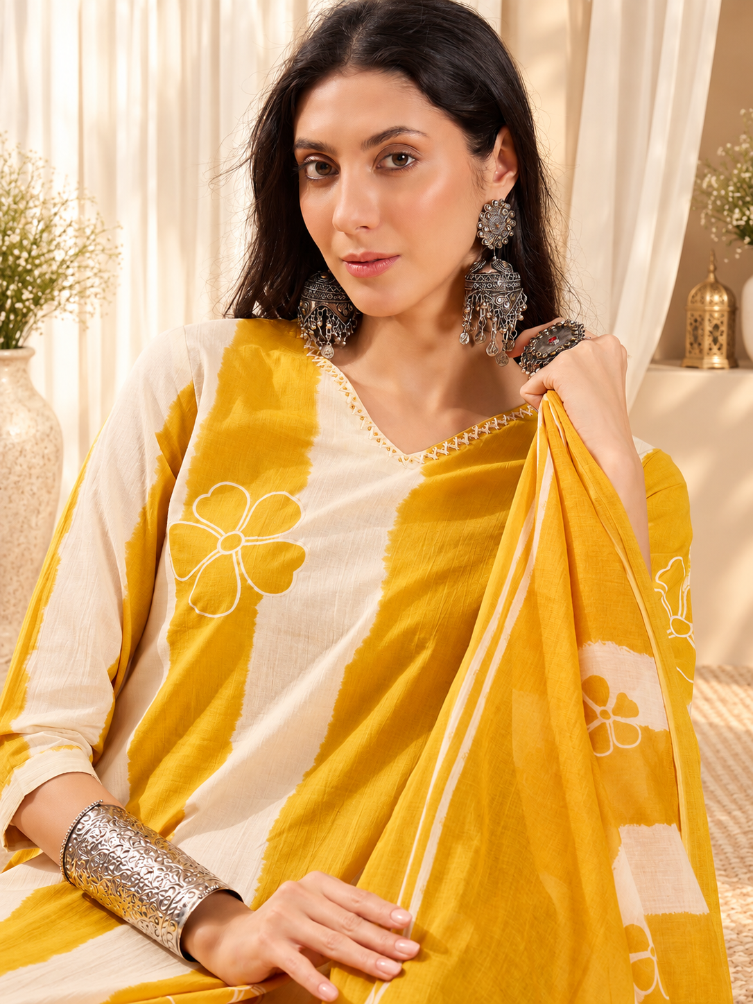 Women's Yellow & White Striped Pure Cotton Straight Kurta & Trousers With Printed Dupatta Set