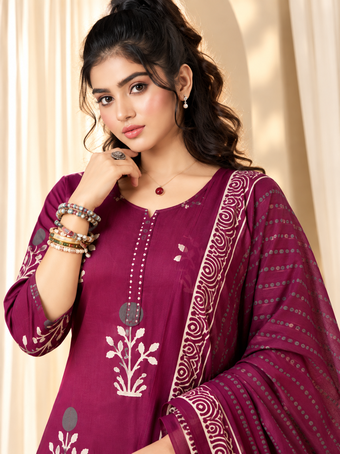 Women's Purple Floral Print Straight Kurta with Trousers & Dupatta Set