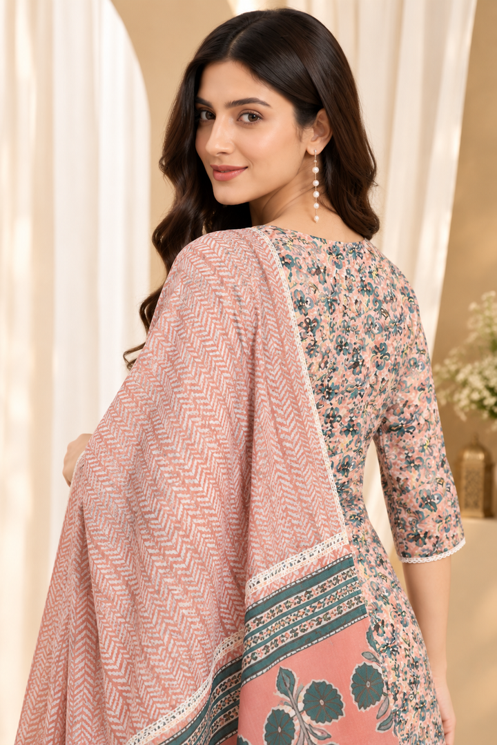 Peach &amp; Blue Floral-Printed Pure-Cotton Straight Kurta With Trouser &amp; Dupatta
