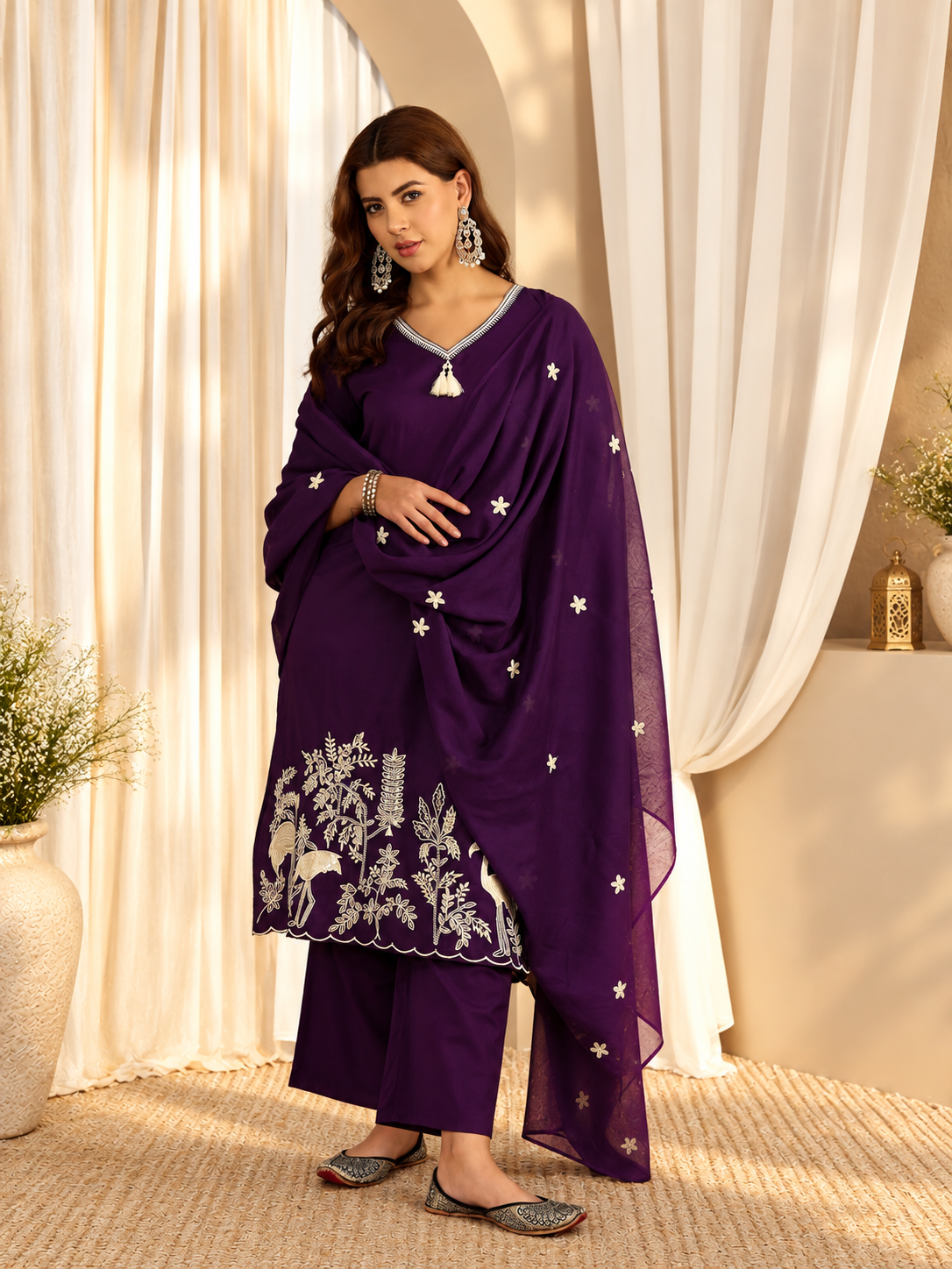 Women's Dark Purple Thread Work Kurta with Trousers & Dupatta Set