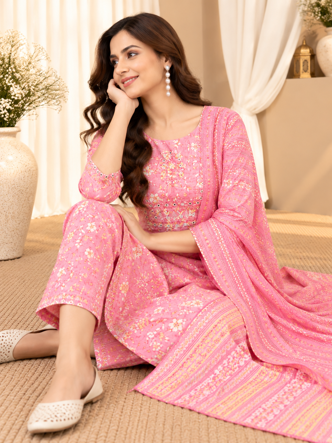 Women's Pink Floral Print Pure Cotton Straight Kurta & Trousers With Dupatta Set
