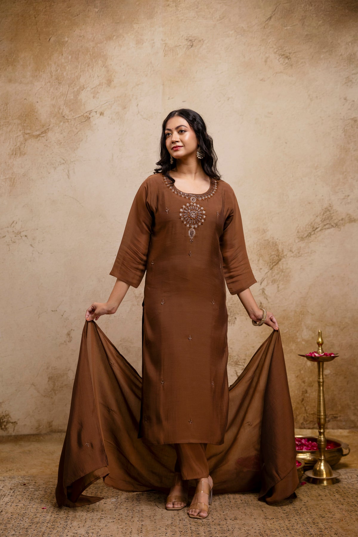Women's Brown Embroidered Straight Round Neck Kurta & Trousers With Dupatta Set