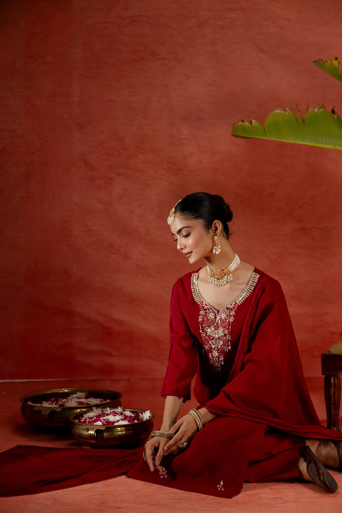 Women's Rani Pink Embroidered Straight Kurta & Trousers With Dupatta Set