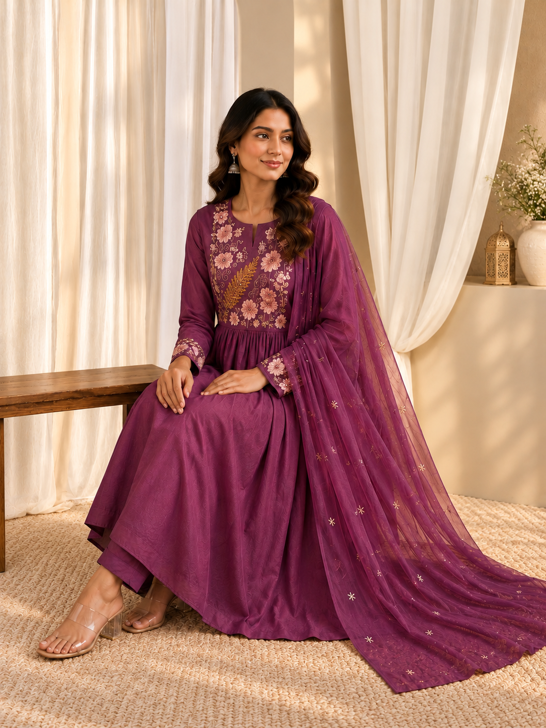 Women's Mauve Pink Embroidered Cotton Kurta With Pant & Dupatta Set