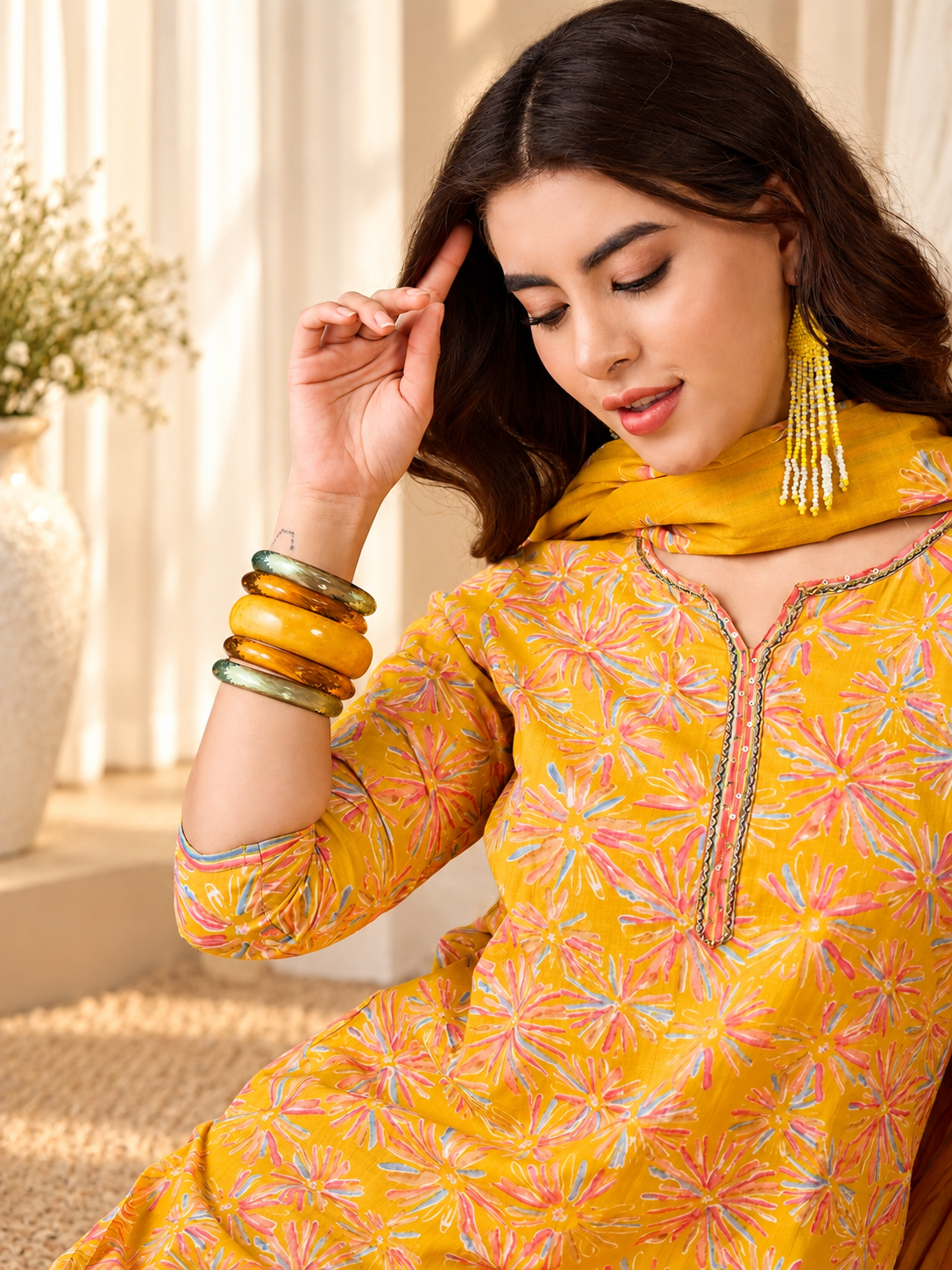 Floral Printed Sequinned V-Neck Straight Kurta & Trouser With Dupatta