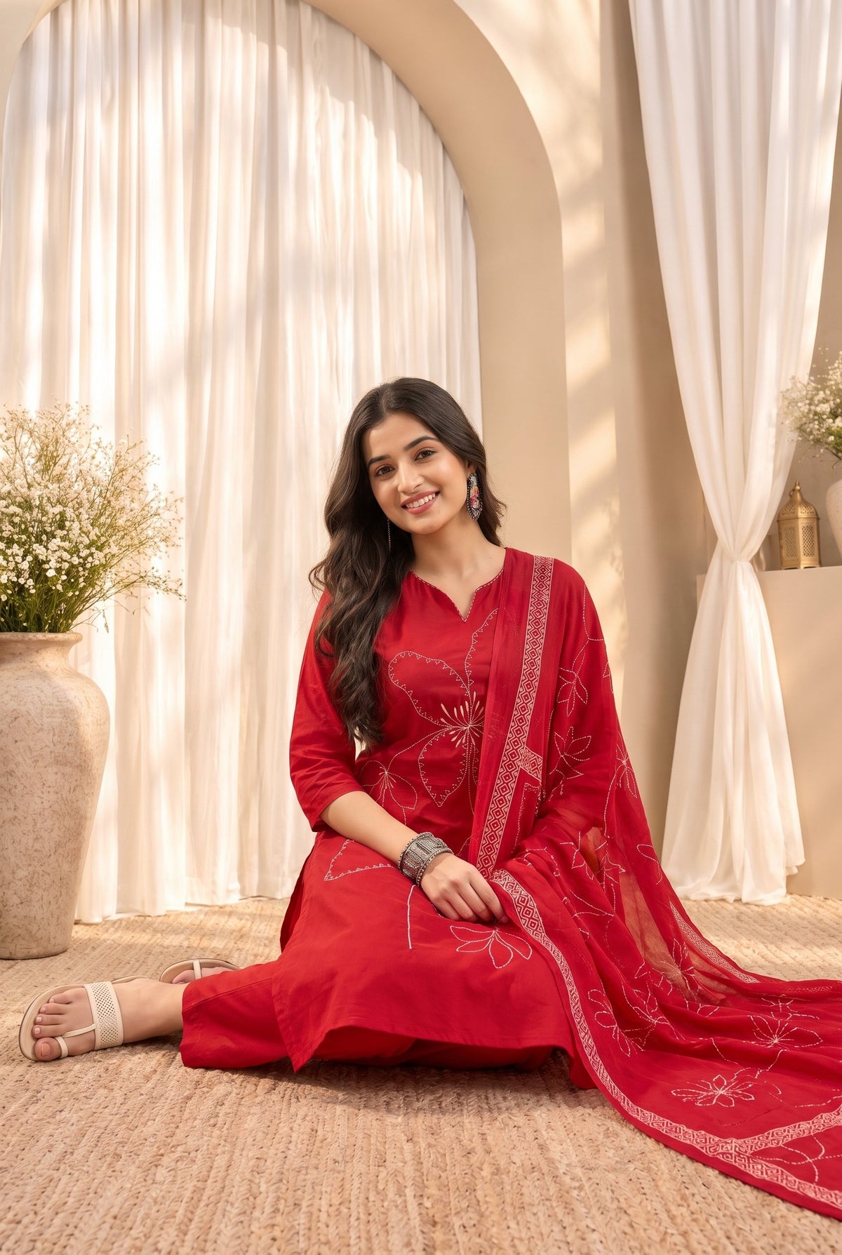 Women's Red Cotton Floral Print Kurta & Trousers With Dupatta Set