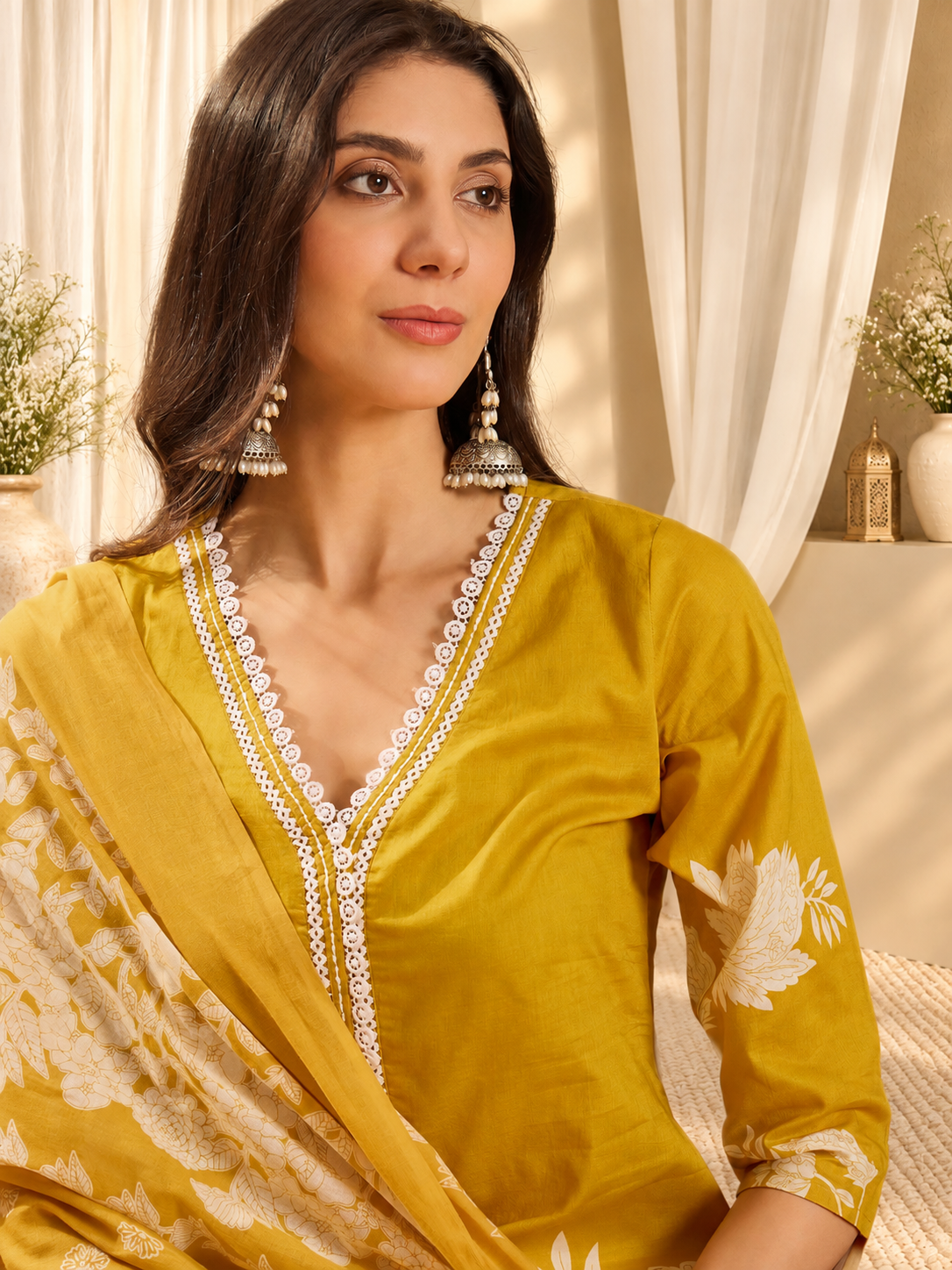 Women's Light Green Cotton Floral Print Kurta & Trousers With Dupatta Set