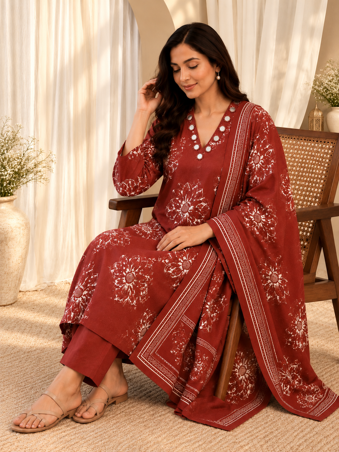 Women's Rust Mirror Work Straight Kurta & Trouser With Dupatta Set