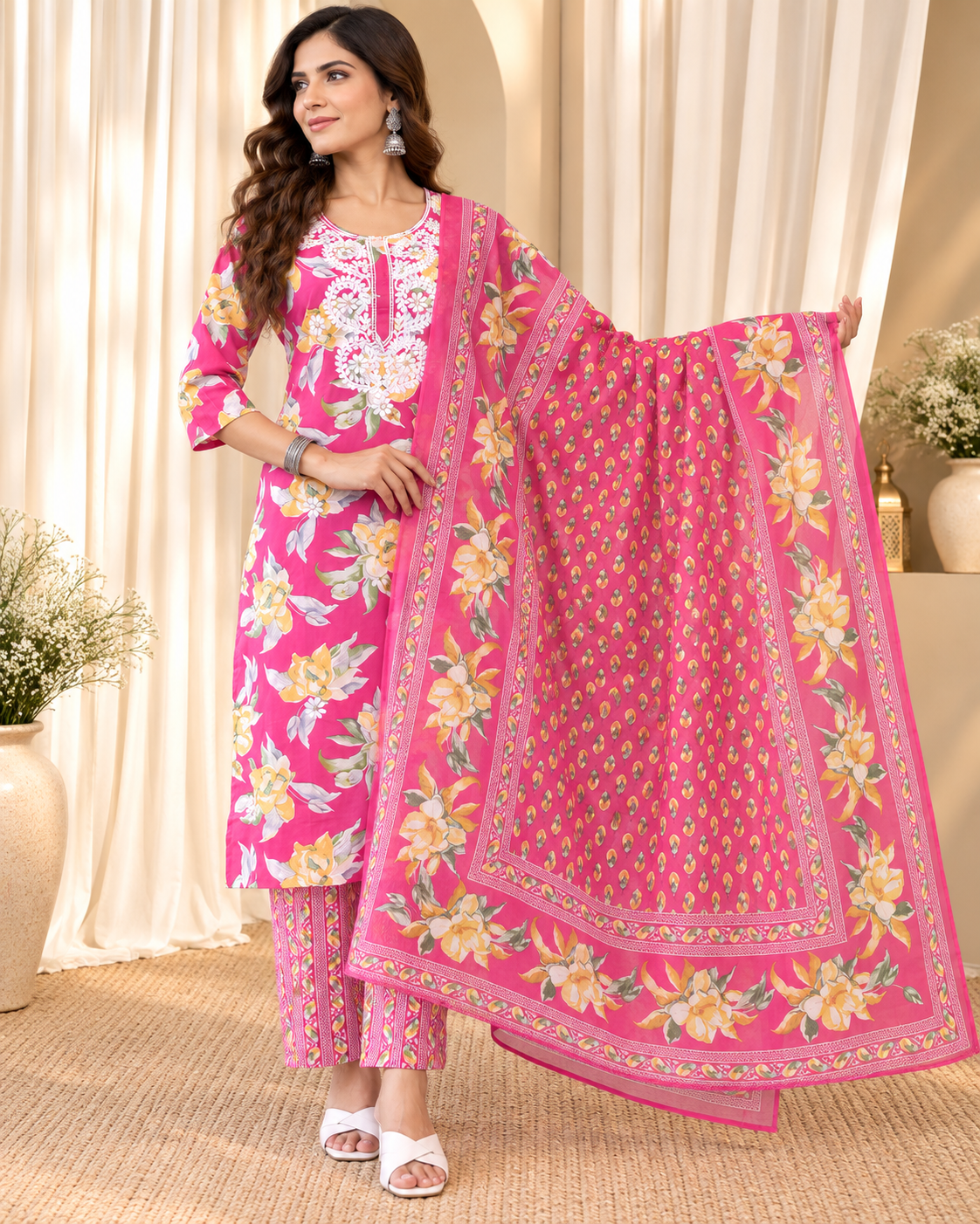 Women's Magenta Pure Cotton Round Neck Kurta & Pant With Dupatta Set