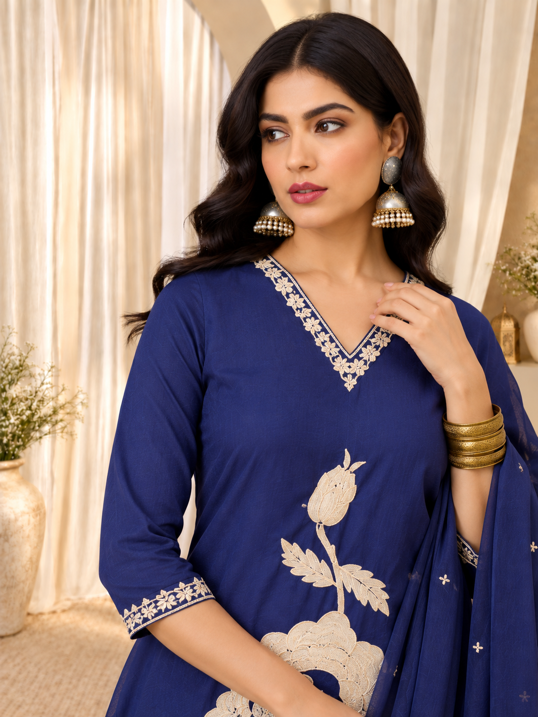 Women's Blue Plain Kurta With Trousers & Dupatta Set