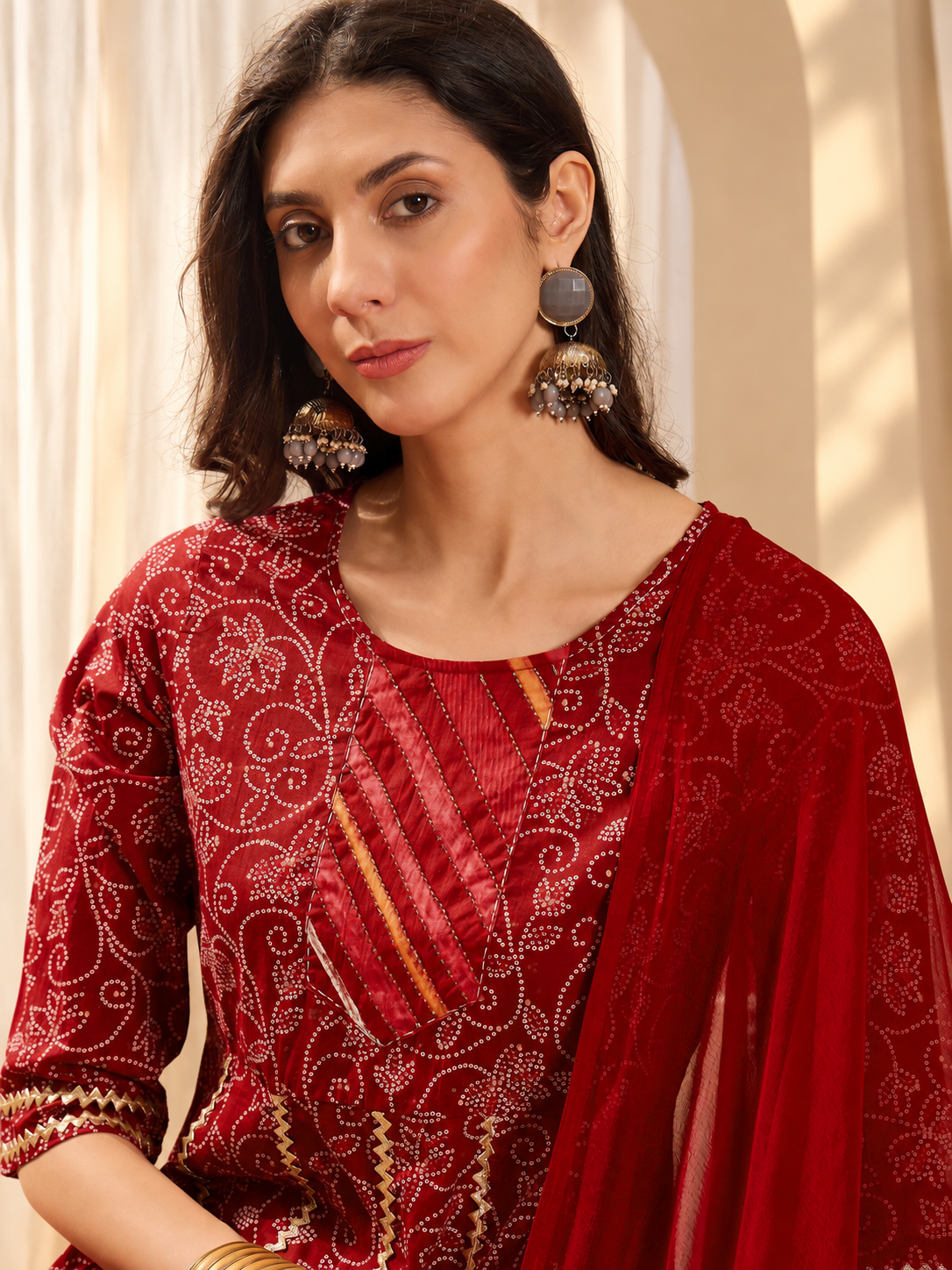 Women's Maroon Pure Cotton Round Neck Kurta & Pant With Dupatta Set