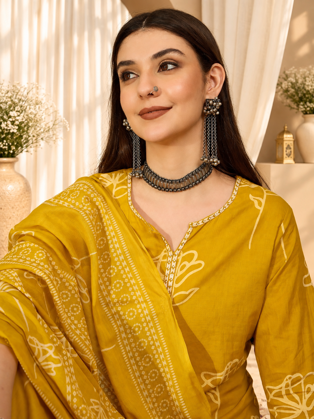 Women's Yellow Cotton Floral Print Kurta & Trousers With Dupatta Set