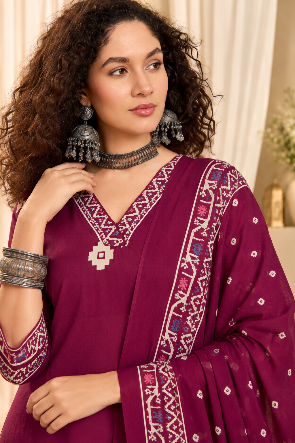 Women's Wine Printed V-Neck Kurta With Trousers & Dupatta Set