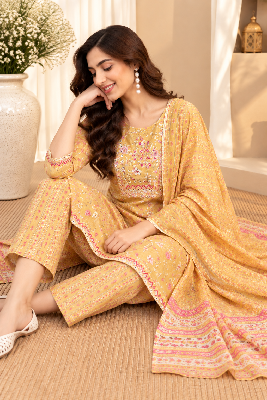 Women's Mustard Floral Print Pure Cotton Straight Kurta & Trousers With Dupatta Set
