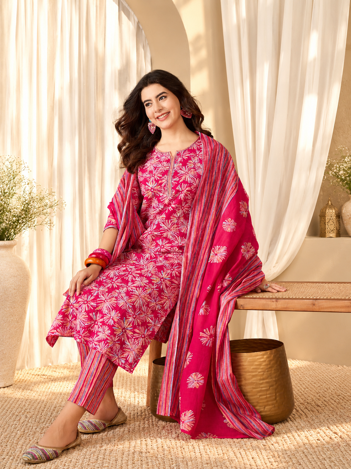Floral Printed Sequinned Straight Kurta &amp; Trouser With Dupatta