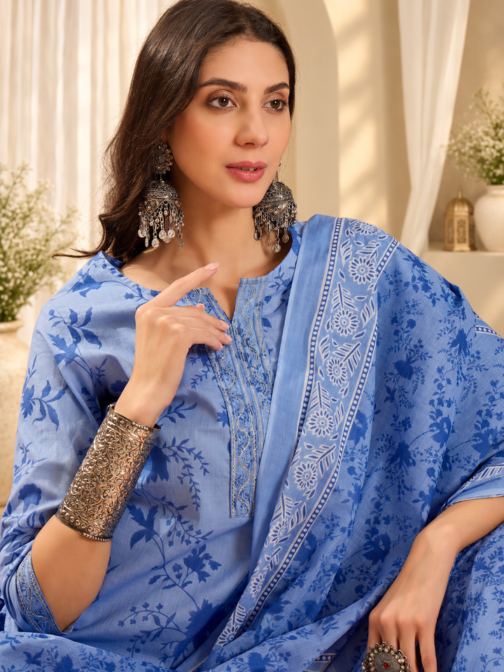 Floral Printed Notch Neck Pure Cotton Straight Kurta With Trousers &amp; Dupatta