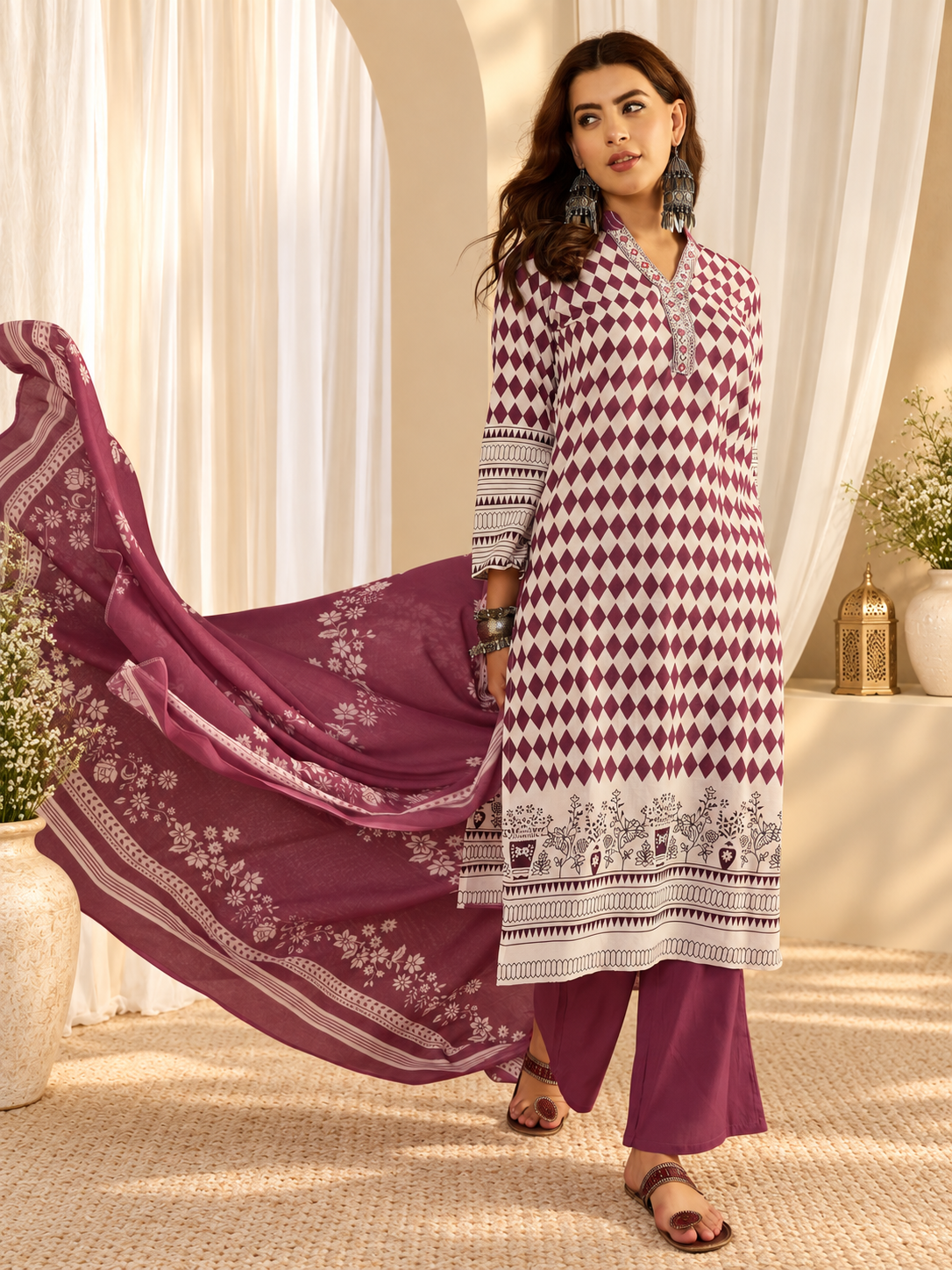 Women's White & Mauve Pink Geometric Kurta with Trousers & Dupatta Set