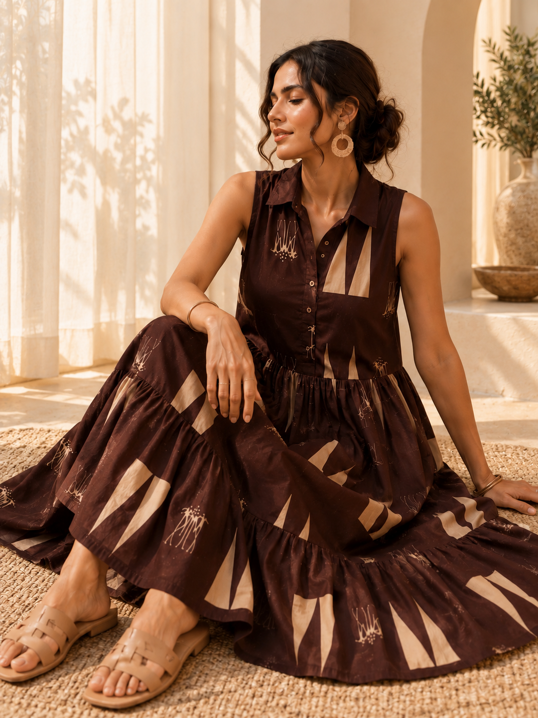 Women Chocolate Brown Printed Shirt Collar Tiered A-Line Dress
