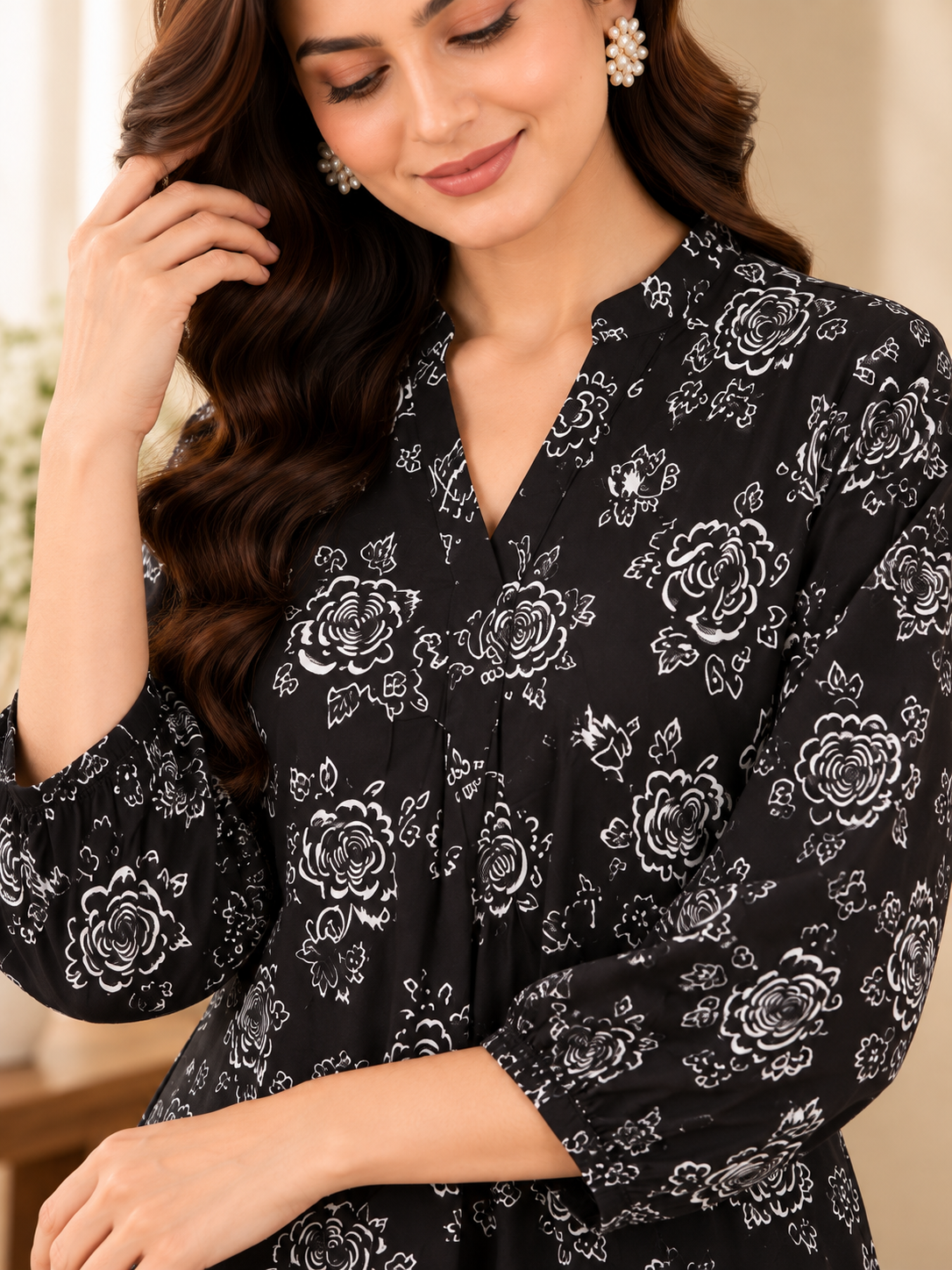 Women's Black Floral Printed A-Line Top