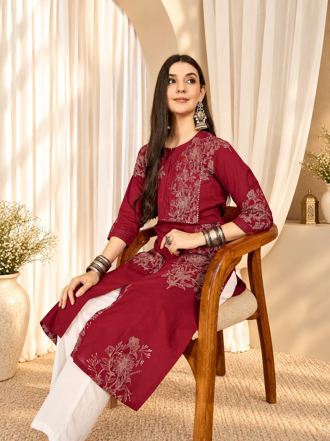 Women's Cotton Floral Print Straight Kurta