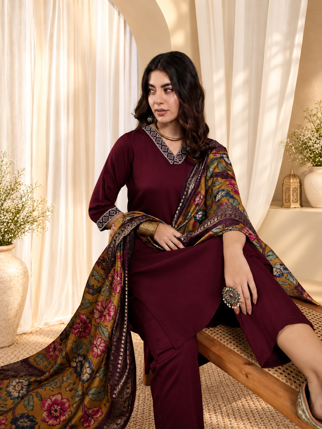 Women's Maroon Straight Kurta With Trousers & Dupatta Set