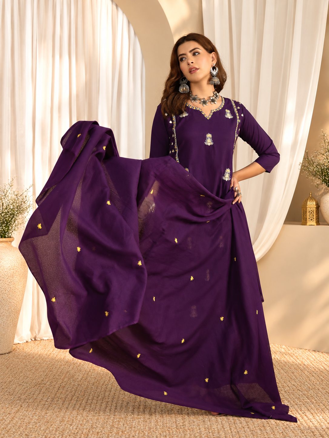 Women's Dark Purple Thread Work A-Line Kurta with Trousers & Dupatta Set