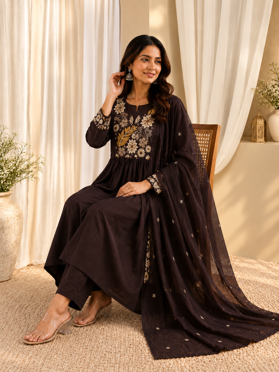 Women's Coffee Brown Embroidered Cotton Kurta With Pant & Dupatta Set