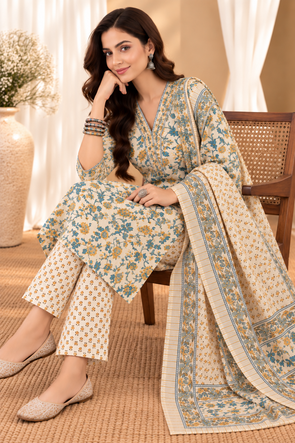 Women's Cream & Yellow Pure Cotton Floral Print Kurta & Trousers With Dupatta Set