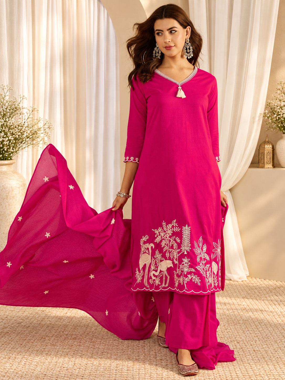 Women's Pink Thread Work Kurta with Trousers & Dupatta Set